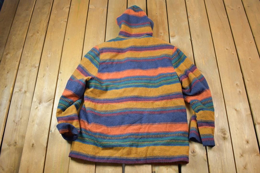Vintage 1990s Striped Wool Hooded Aztec Style Button Up Jacket Made In