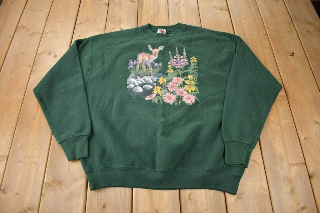 Vintage 1990s Cute Dear & Flowers Graphic Crewneck Sweatshirt Size XL