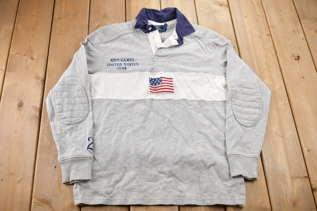 Vintage 1990s Polo Ralph Lauren USA Flag Embroidered Rugby Sweatshirt
