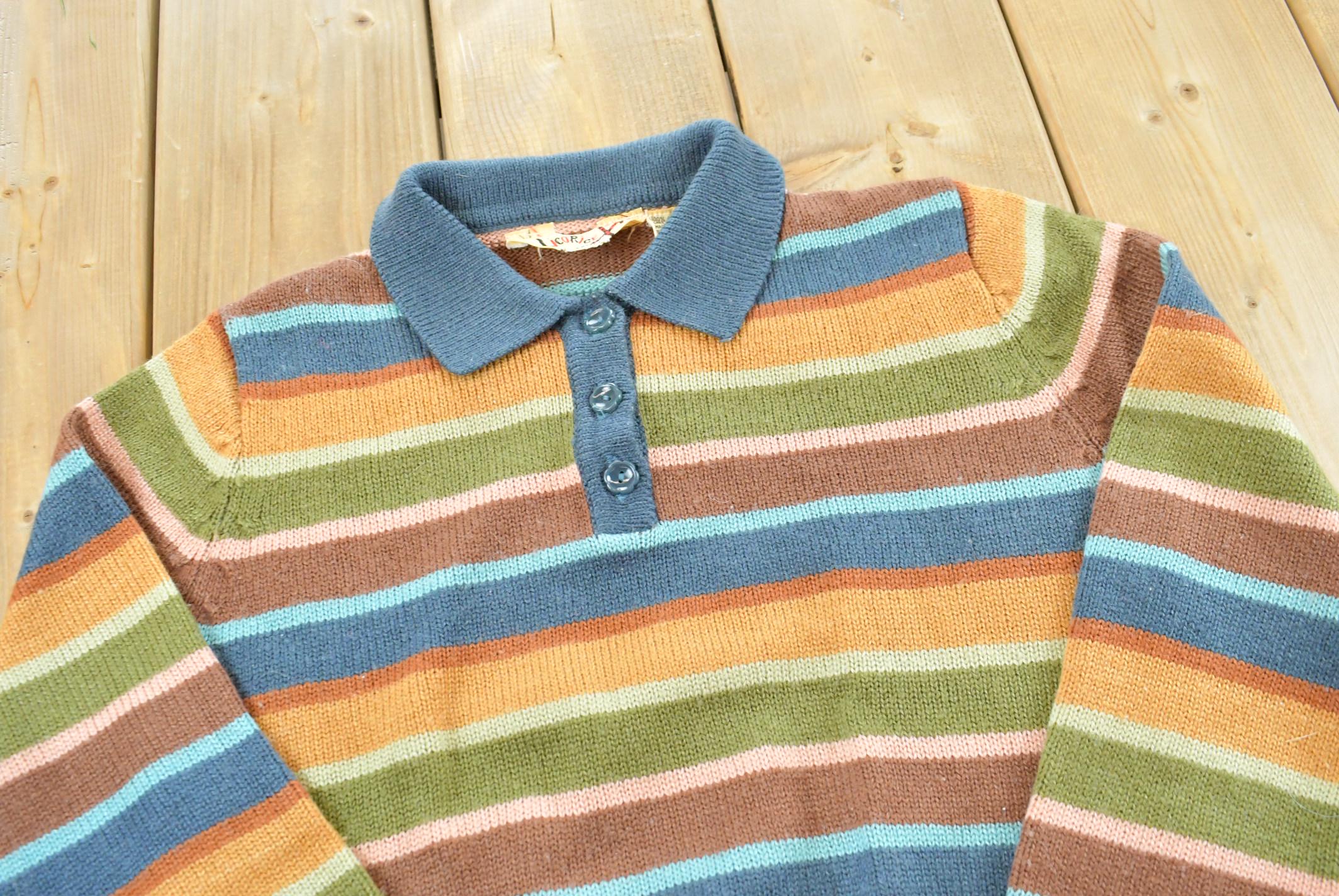 Vintage 1980s Licorice Striped Knit Quarter Button Cropped Sweater Men's XXS