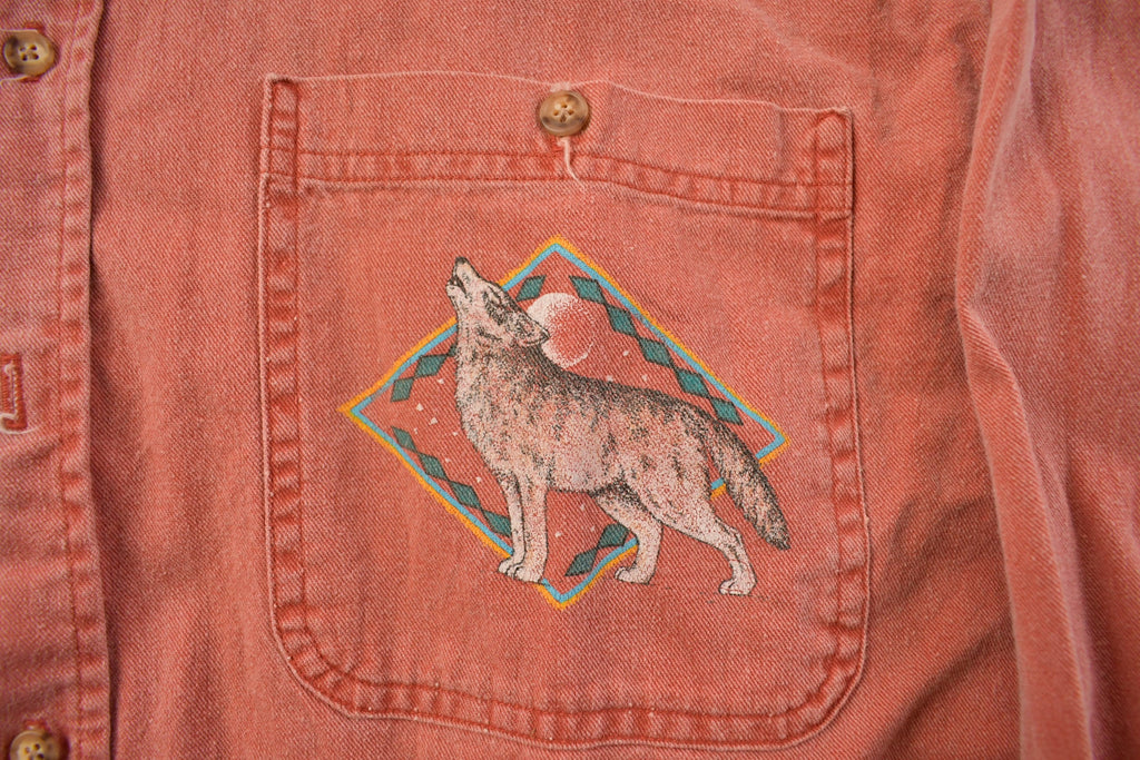 Vintage 1990s Wolf Themed Button Up Shirt