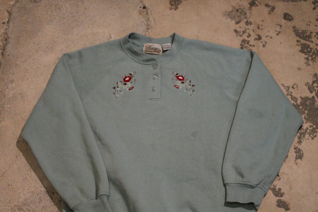 Vintage 1990s Floral Embroidered Quarter Button Sweatshirt