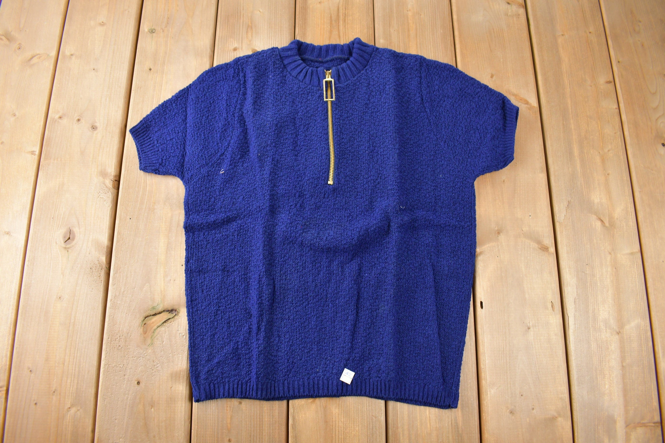True Vintage 1960s Deadstock Miss Scotch English Short Sleeve Quarter Zip Knit Acrylic Sweater