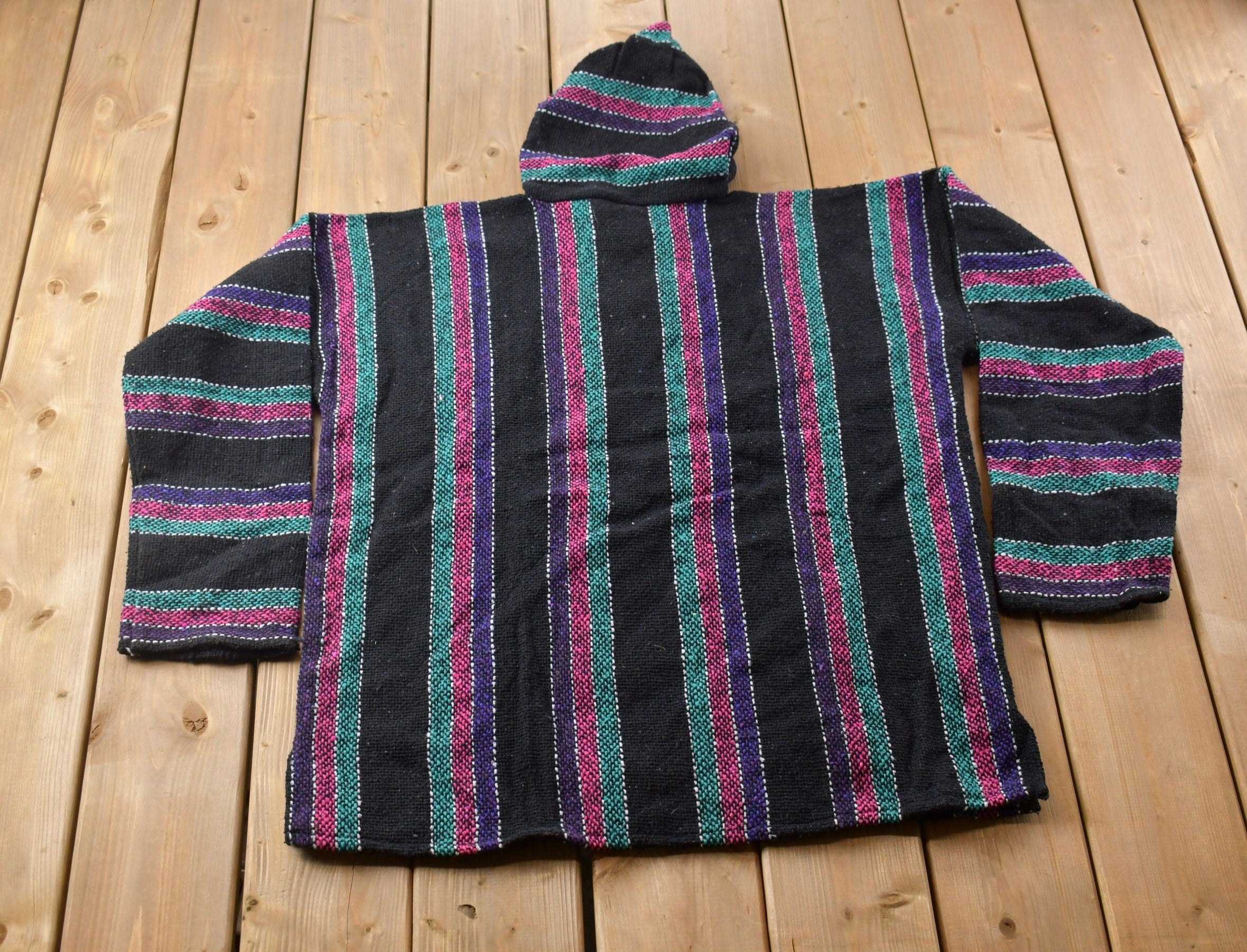 Vintage 1990s San Patricio Striped Knit Poncho Blanket Hoodie