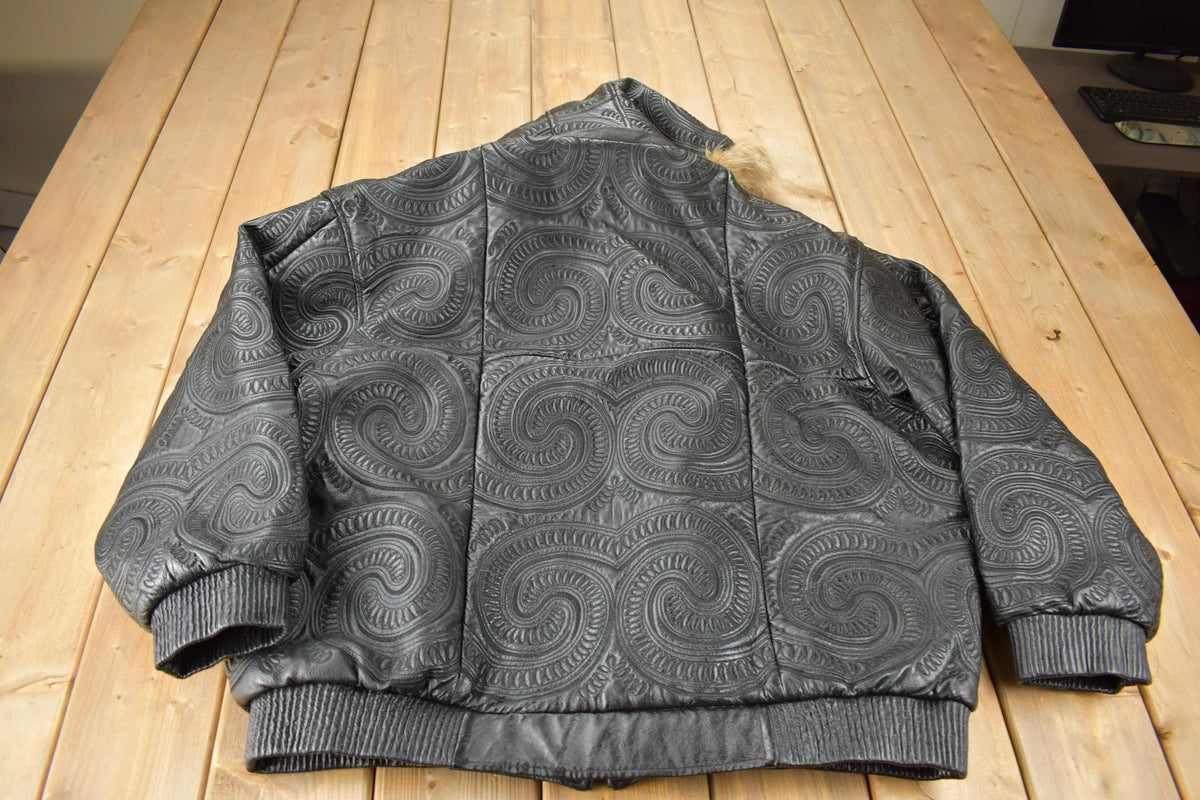 Vintage 1990s Tanners Avenue Leather Mosaic Embroidered Bomber Jacket
