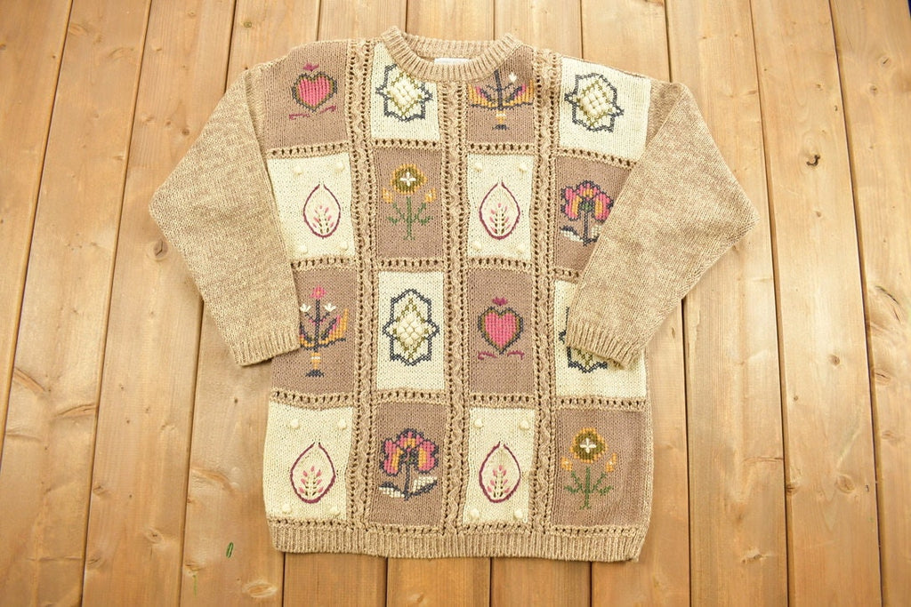 Vintage 1990s Patchwork Graphic Crewneck / Floral Pattern / Flowers / Checkerboard / Pullover Sweatshirt / Hand Knit Jennifer Reed