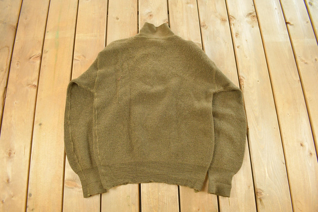 Vintage 1980s Military Wool Olive Henley Knit Sweater Men's Medium