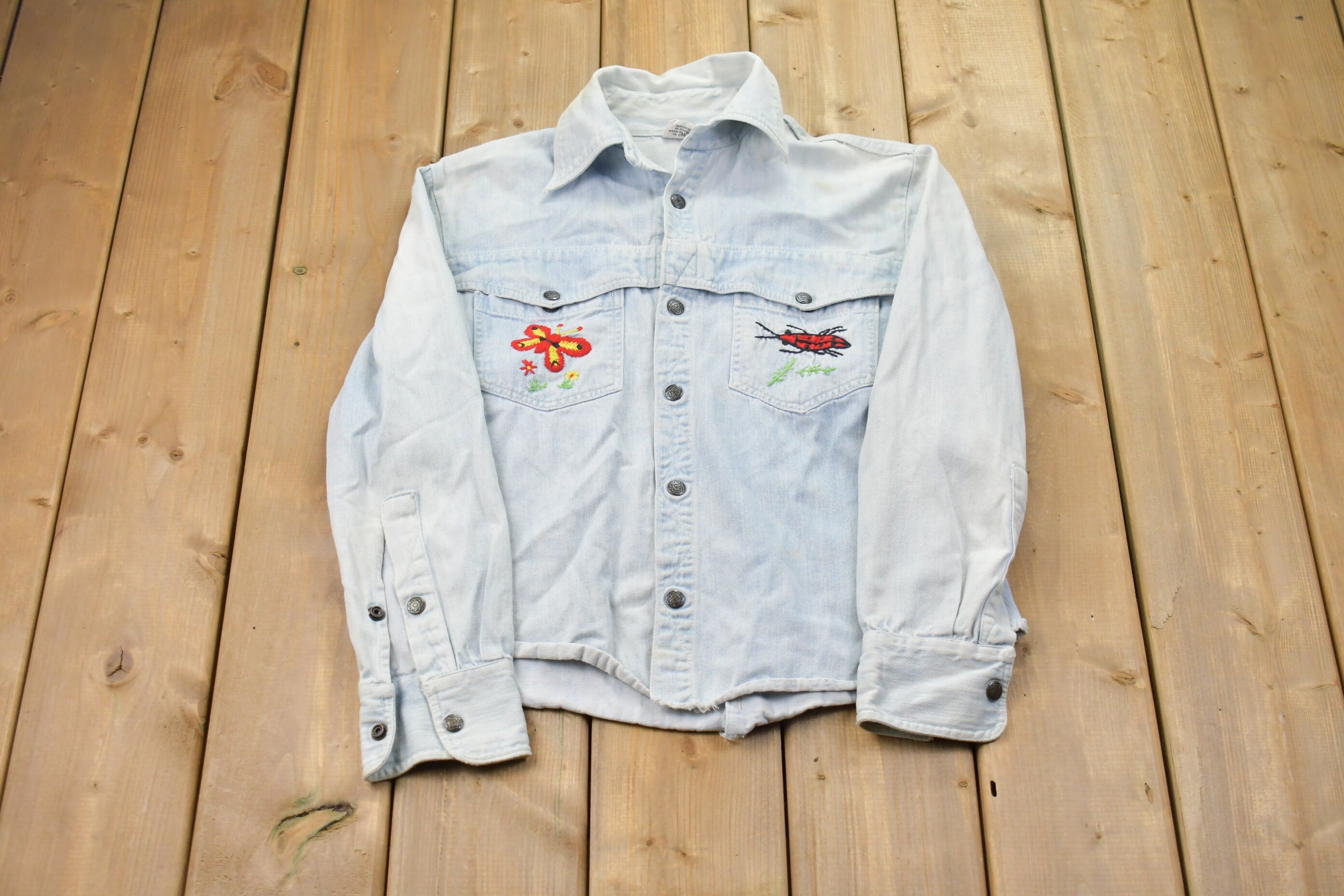 Vintage 1980s Blum international Butterfly Embroidered Denim Jean Jacket