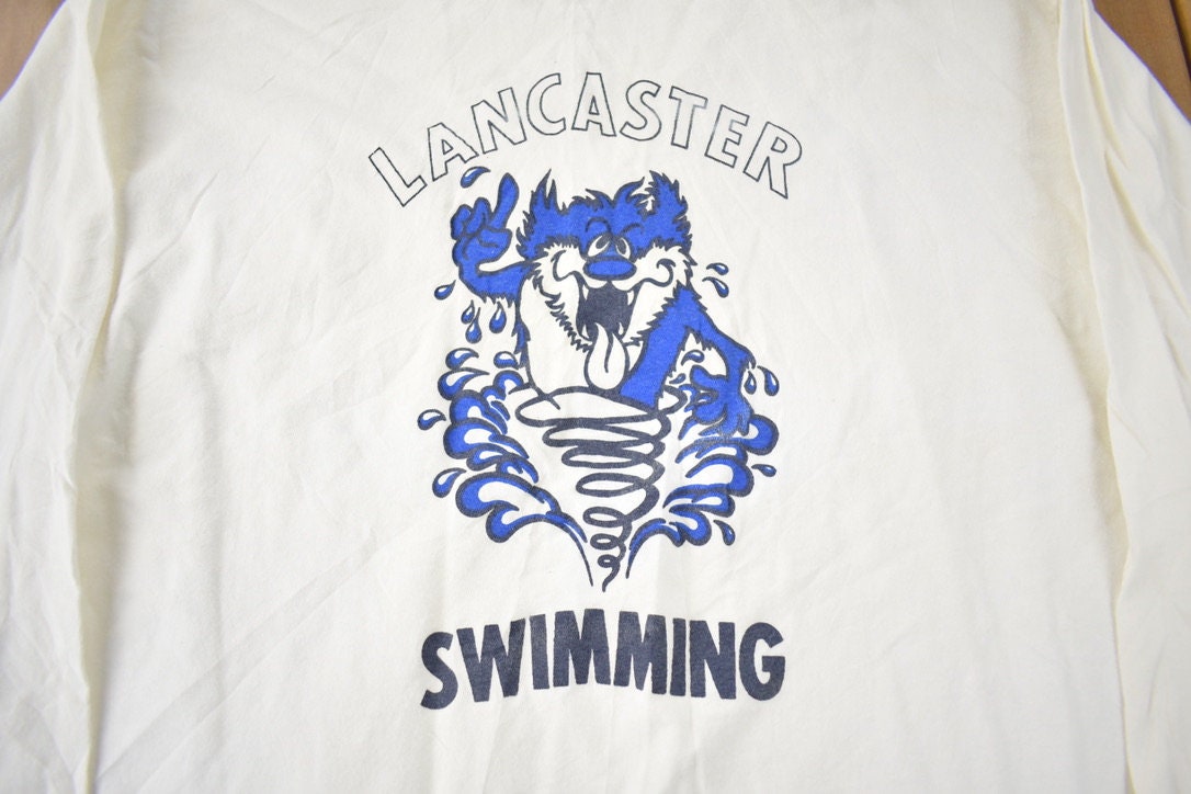 Vintage 1990s Lancaster Swimming Graphic Long T Shirt Made In USA Size XL