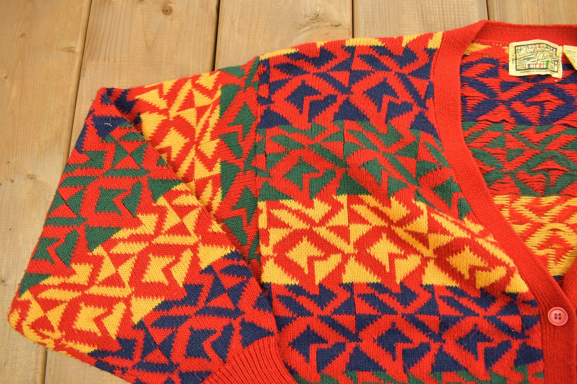 Vintage 1990s Abstract Vibrant Knitted Cardigan Button Up Sweater / Outdoors / Sport Sweater / V Neck / Classic / Button Up