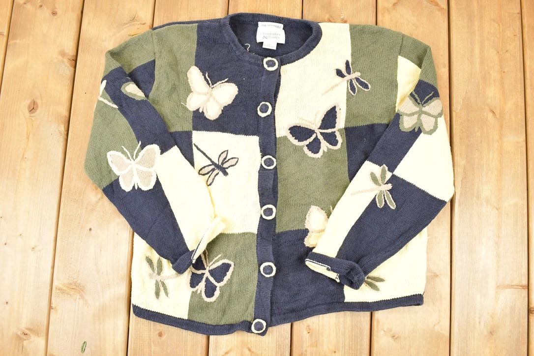 Vintage 1990s Christopher & Banks Abstract Butterfly Knit Cardigan Sweater Womens L