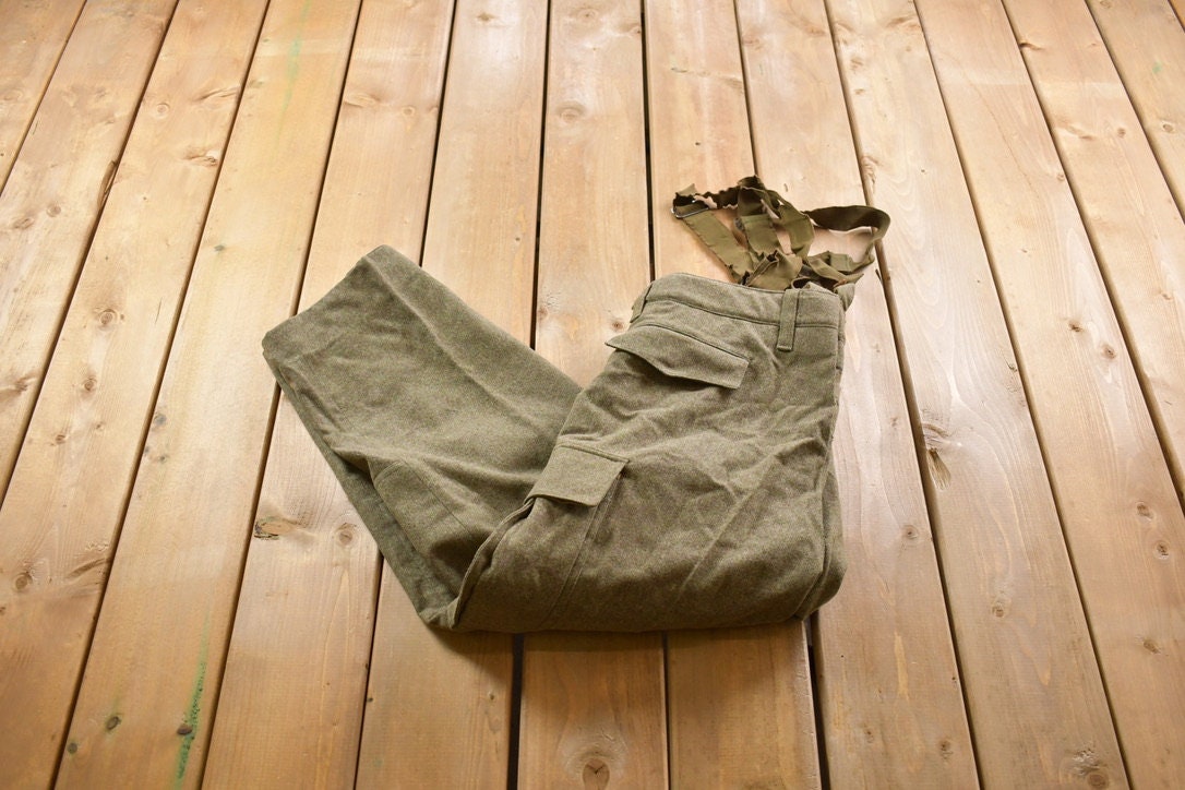 Vintage 1968 Army Wool Cargo Pants With Suspenders Size 35 x 26.5
