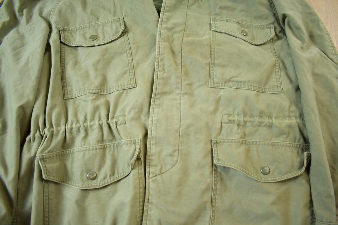 Vintage Military Button Up Lined Hooded Army Jacket Size L