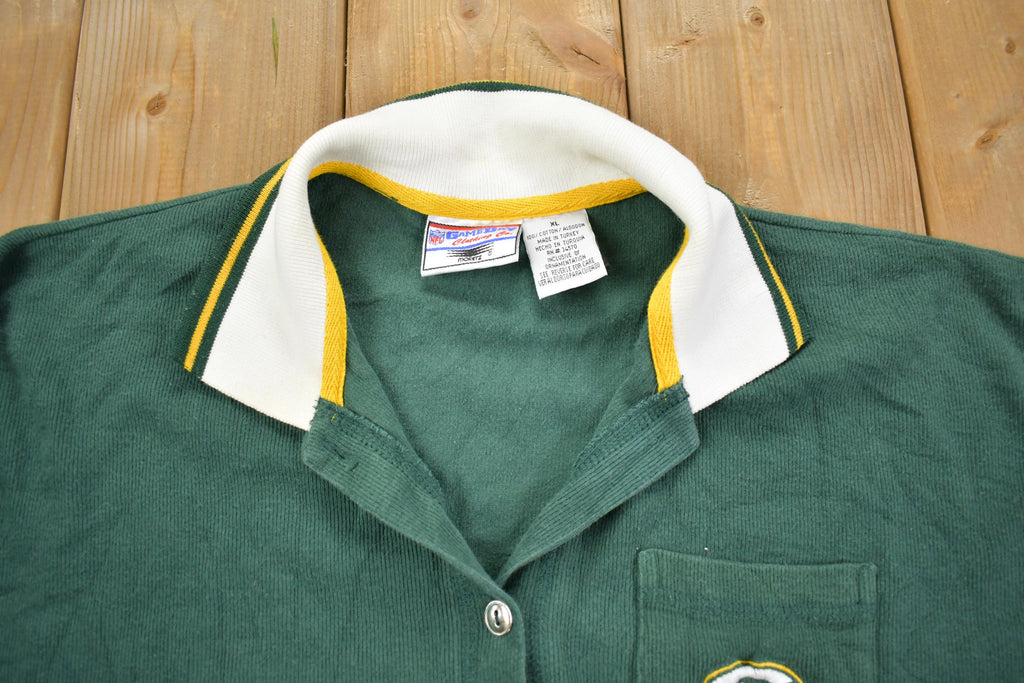 Vintage 1990s Green Bay Packers Button Up Rugby Style NFL Football Sweatshirt - Large