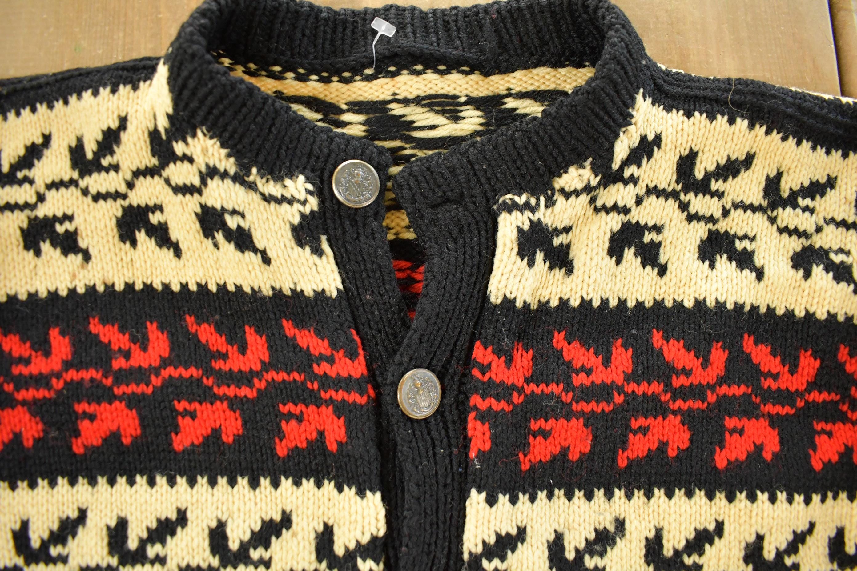 Vintage 1970s Leaves All Over Print Knit Cardigan Sweater Women's Large