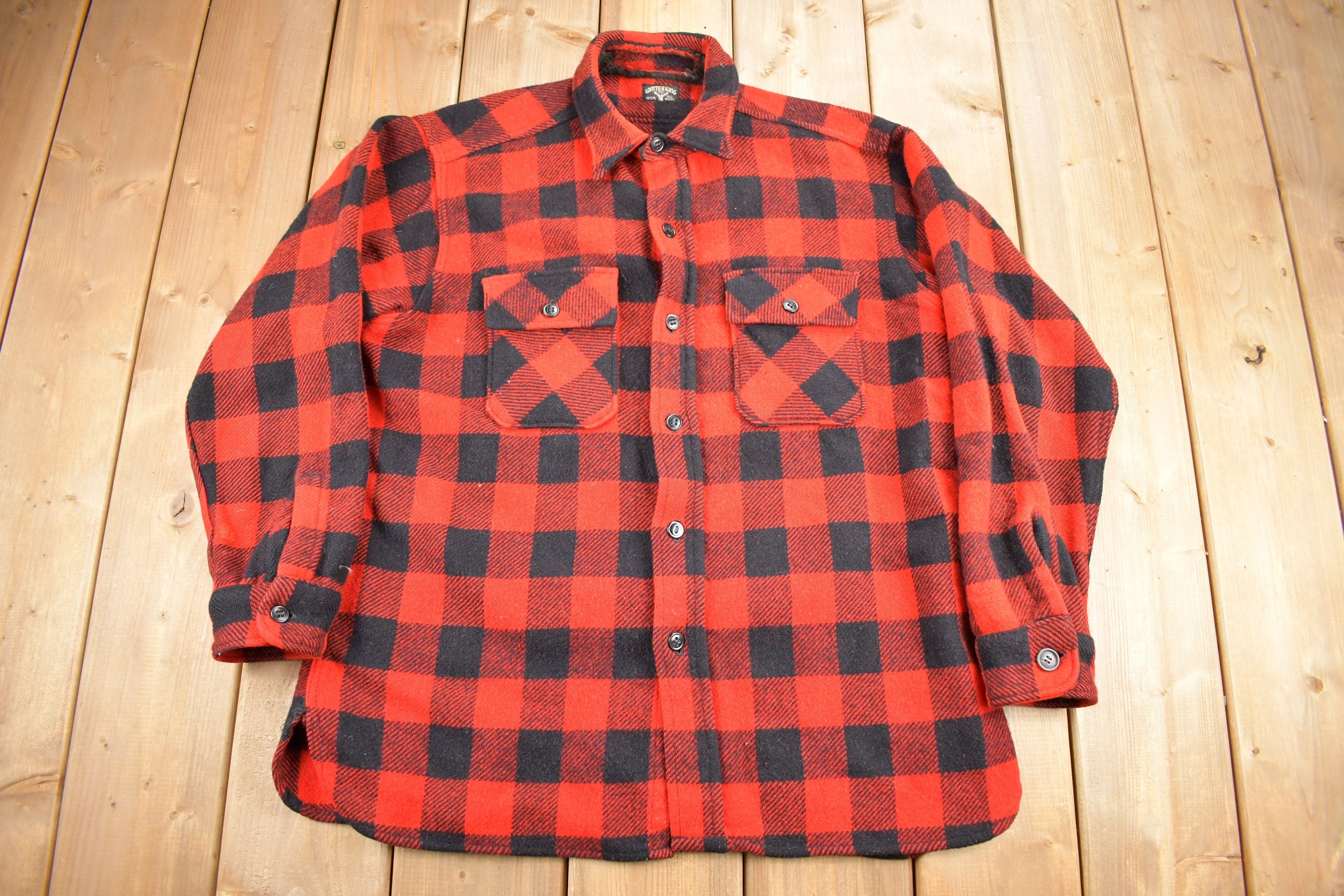Vintage 1950s Winter King Buffalo Plaid Wool Button Up Shirt