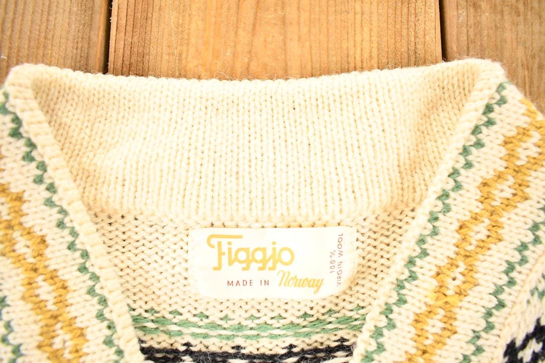 Vintage 1970s Figgjo Made In Norway Knit Abstract Pattern Crewneck Sweater Mens S
