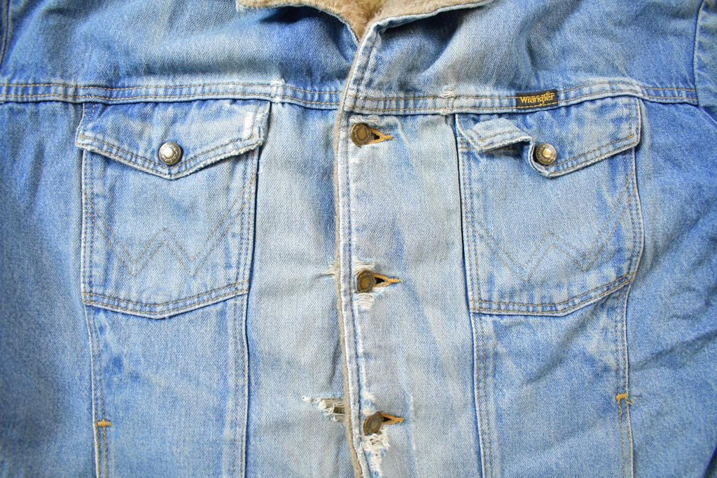 Vintage 1990s Distressed Faded Wrangler Synthetic Fur Lined Jean Jacket