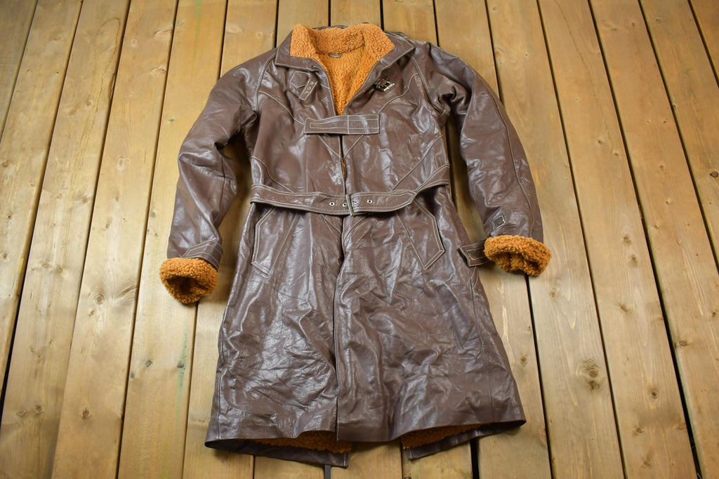 Vintage 1990s Brown Leather Lined Long trench Jacket Made In USA