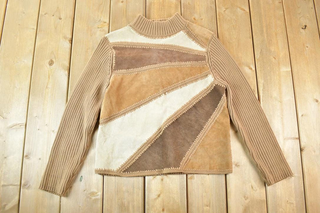 Vintage 1980s Lisa International Knit Abstract Pattern Suede Patch Crewneck Sweater Mens S