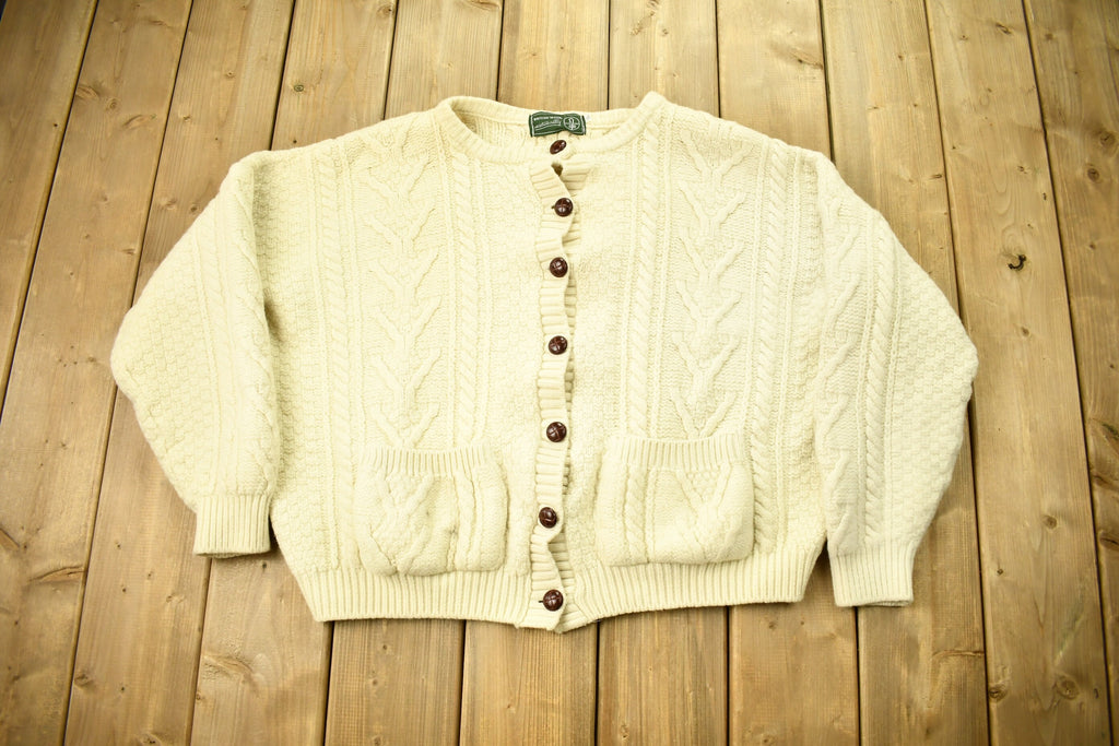 Vintage 1970s Naturally British Wool 3D Cable Knit Button Up Sweater