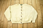 Vintage 1970s Naturally British Wool 3D Cable Knit Button Up Sweater