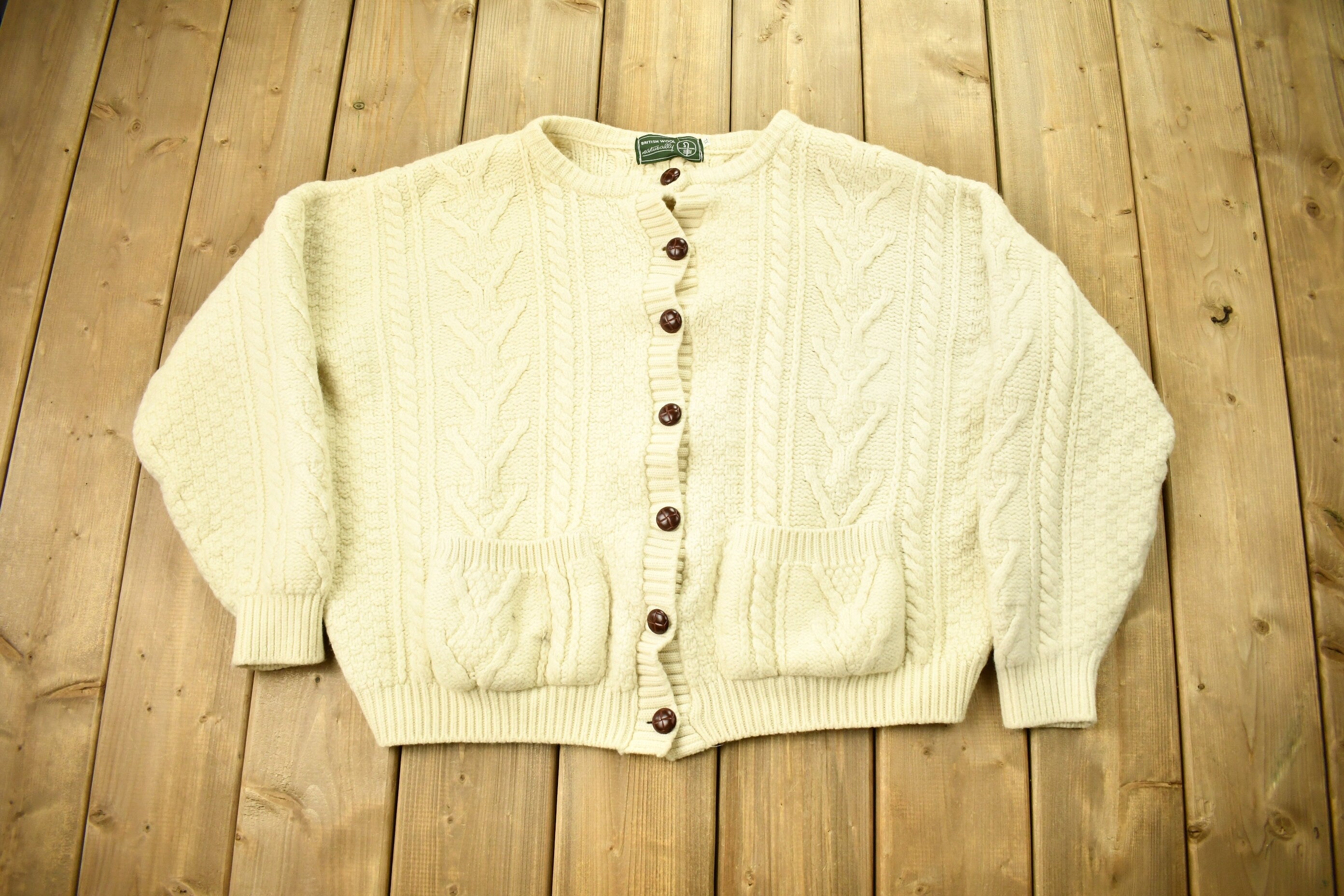 Vintage 1970s Naturally British Wool 3D Cable Knit Button Up Sweater