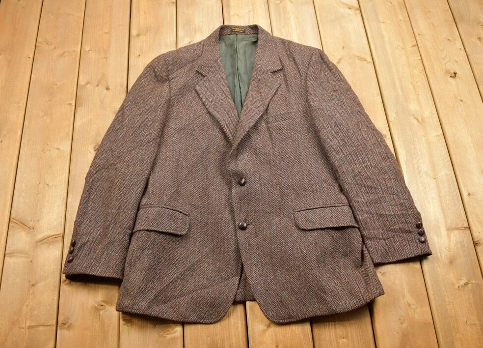 Vintage 1980s Di Benedetto Harris Tweed Houndstooth Wool Two Button Blazer Jacket