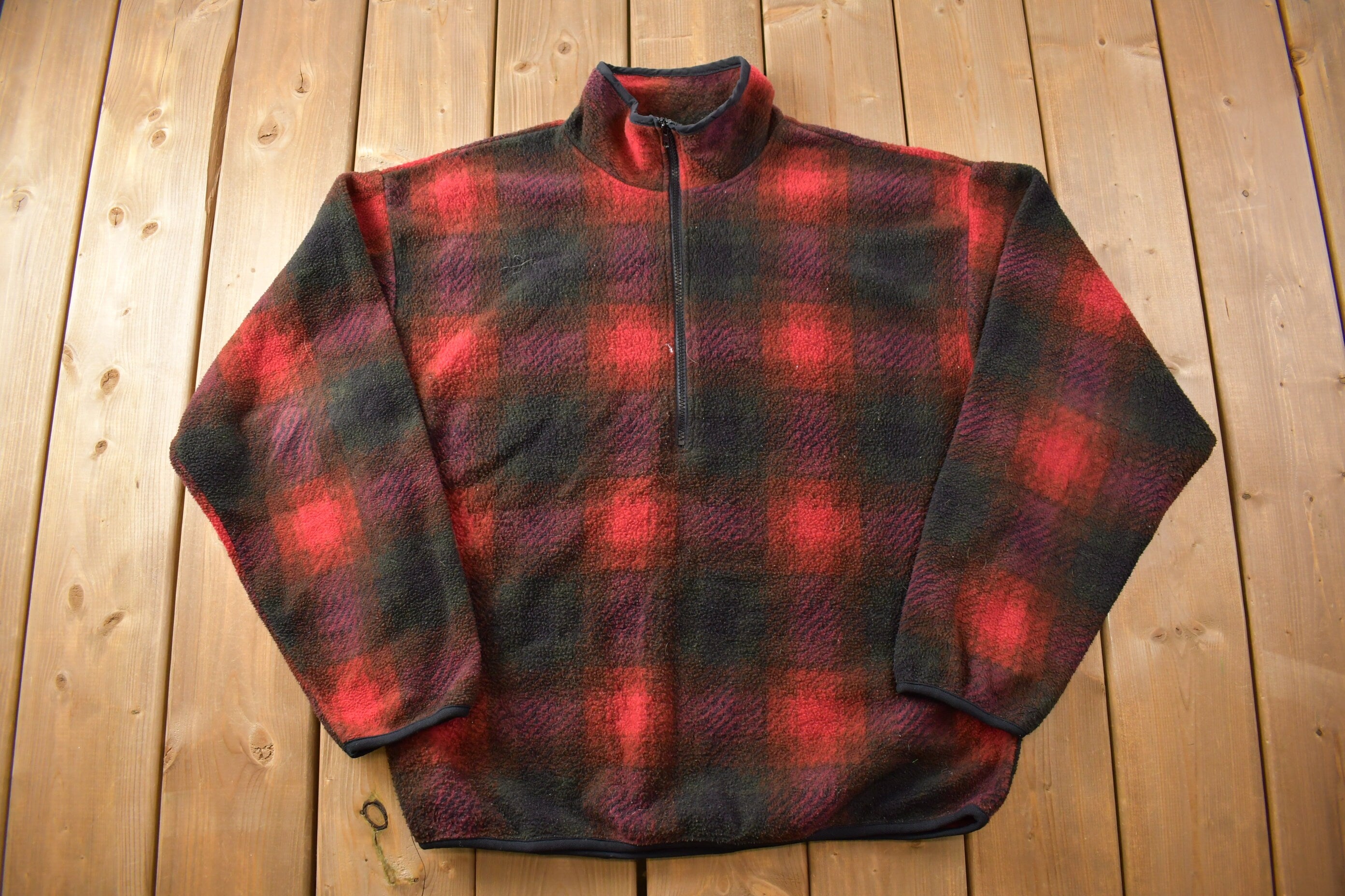 Vintage 1980s Marciano Showdow Plaid Fleece Quarter Zip Sweater  Outdoorsman  90s Sweater  Streetwear  Hiking  Fleece Zip up  80s