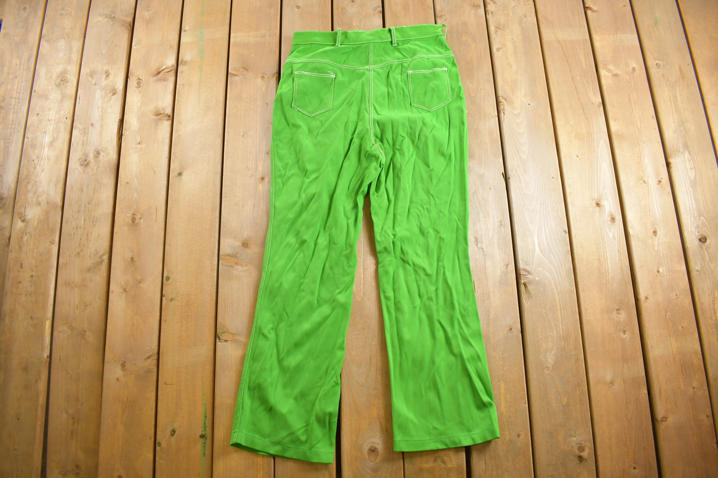 Vintage 1970s Neon Green Flared Trousers Size 32 x 29 / 70s Pants / Contrast Stitching / True Vintage Sears / Slacks / Polyester Trousers