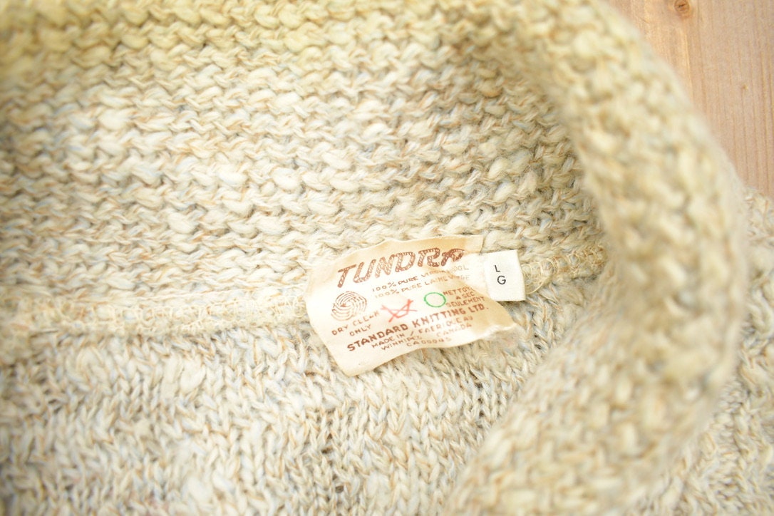 Vintage 1970s 100% Wool Tundra Knit Shawl Collar Cardigan Sweater