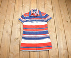 Vintage 1970s Striped Women's High Collared Button Up Shirt Dress