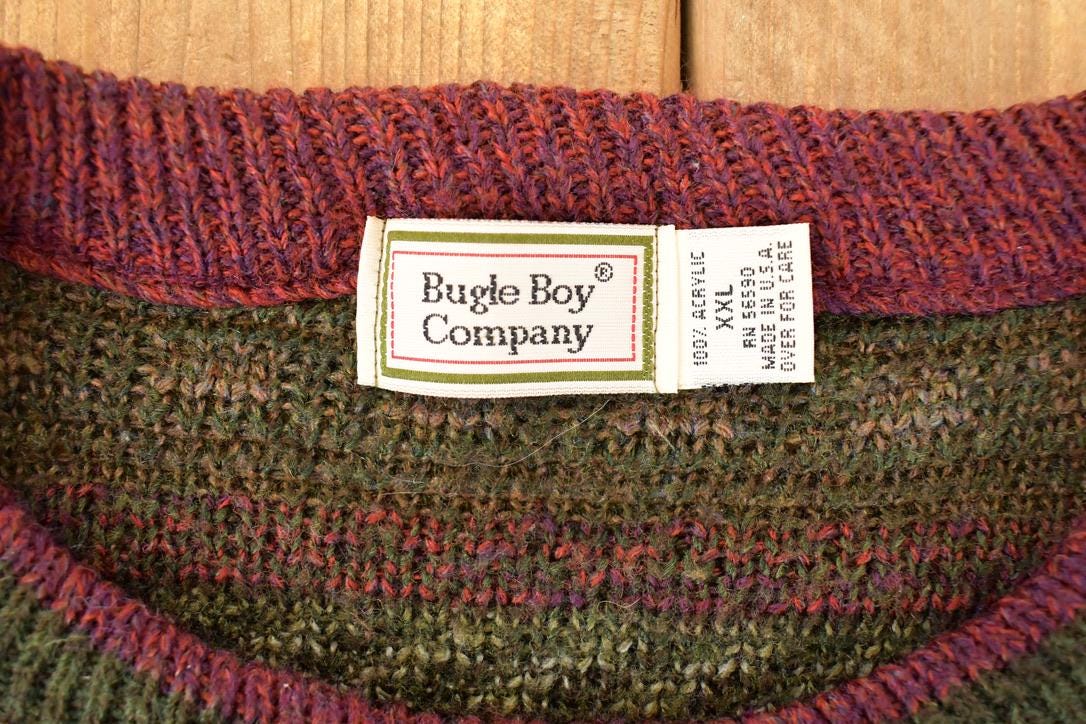 Vintage 1990s Bugle Boy Abstract Striped Knit Crewneck Sweater Men's XL