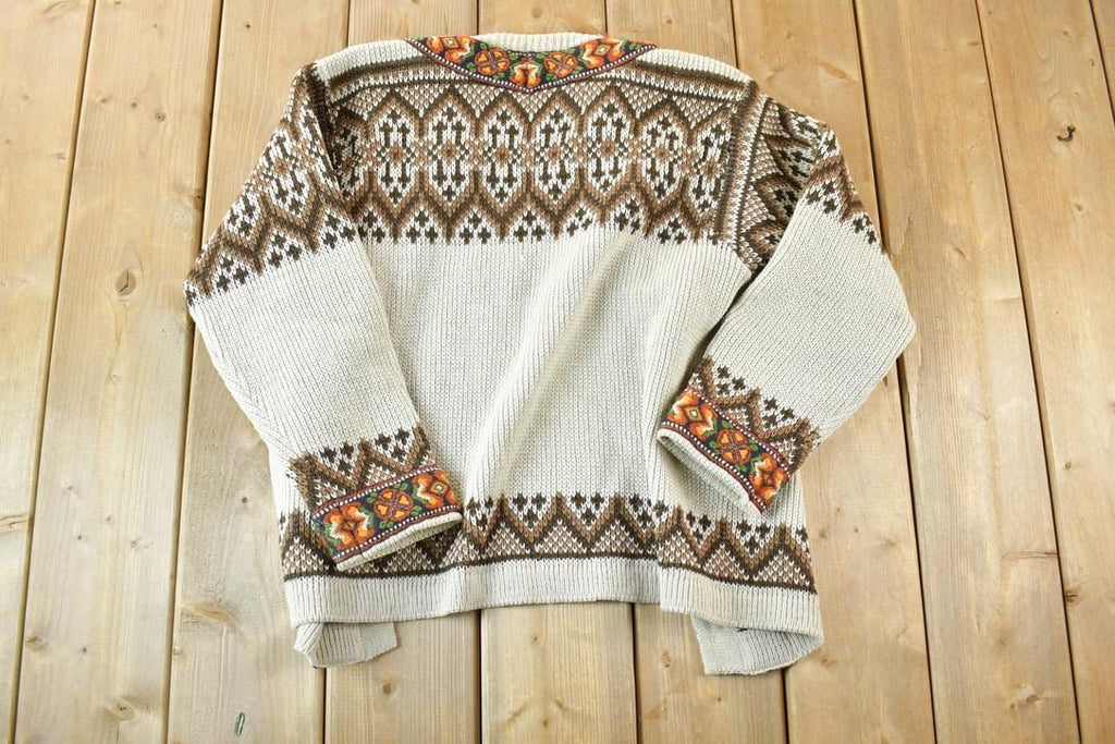 Vintage 1990s North Cape 100% Wool Knit Abstract Pattern Button Clasp Crewneck Sweater