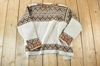 Vintage 1990s North Cape 100% Wool Knit Abstract Pattern Button Clasp Crewneck Sweater