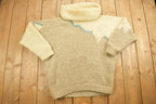 Vintage 1990s Knitwear Wool 3D Cable Knit Sweater / Chunky Knit / Winter Theme / Winter Sweater / Hand Loomed / Embroidered / Mock Neck
