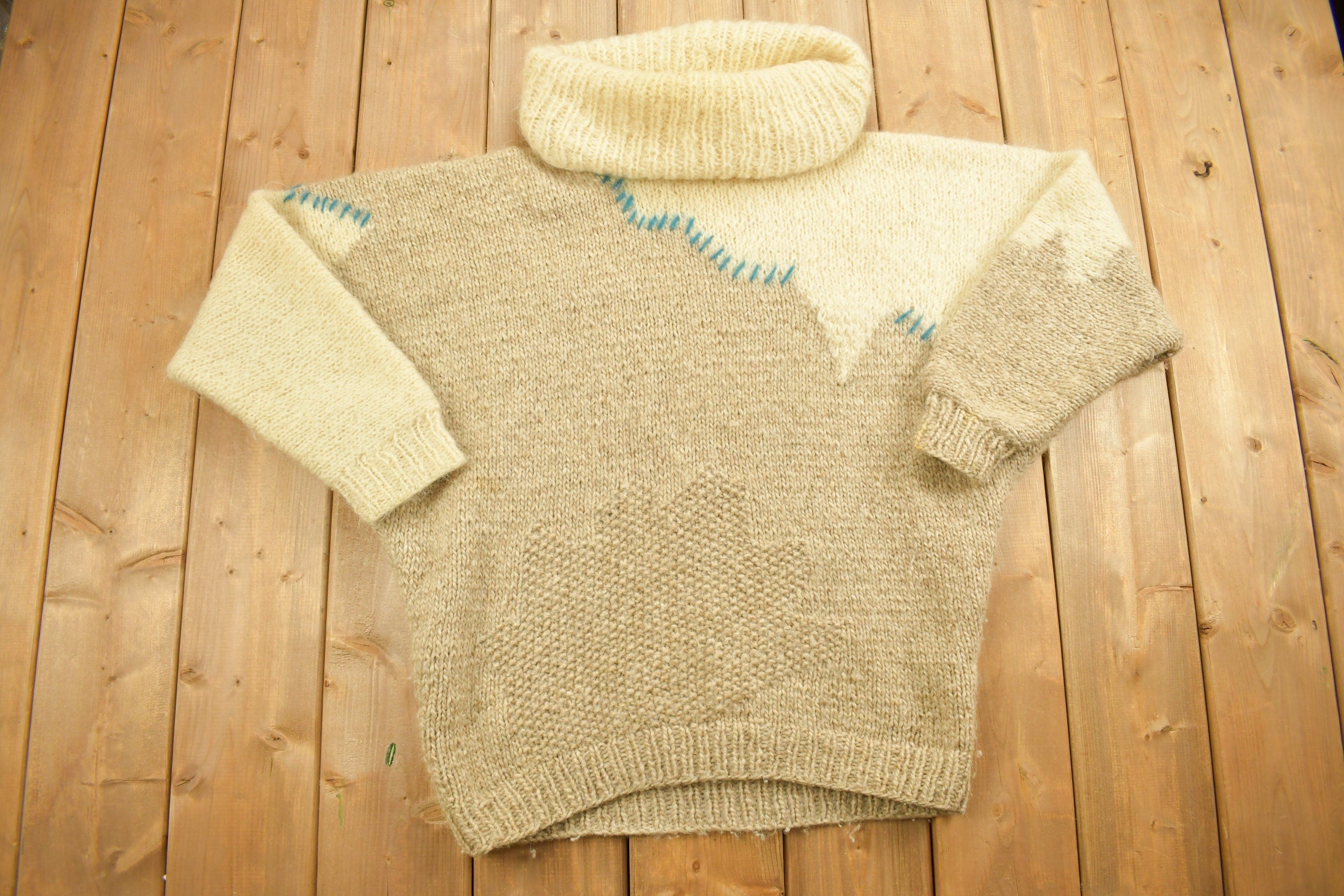 Vintage 1990s Knitwear Wool 3D Cable Knit Sweater / Chunky Knit / Winter Theme / Winter Sweater / Hand Loomed / Embroidered / Mock Neck
