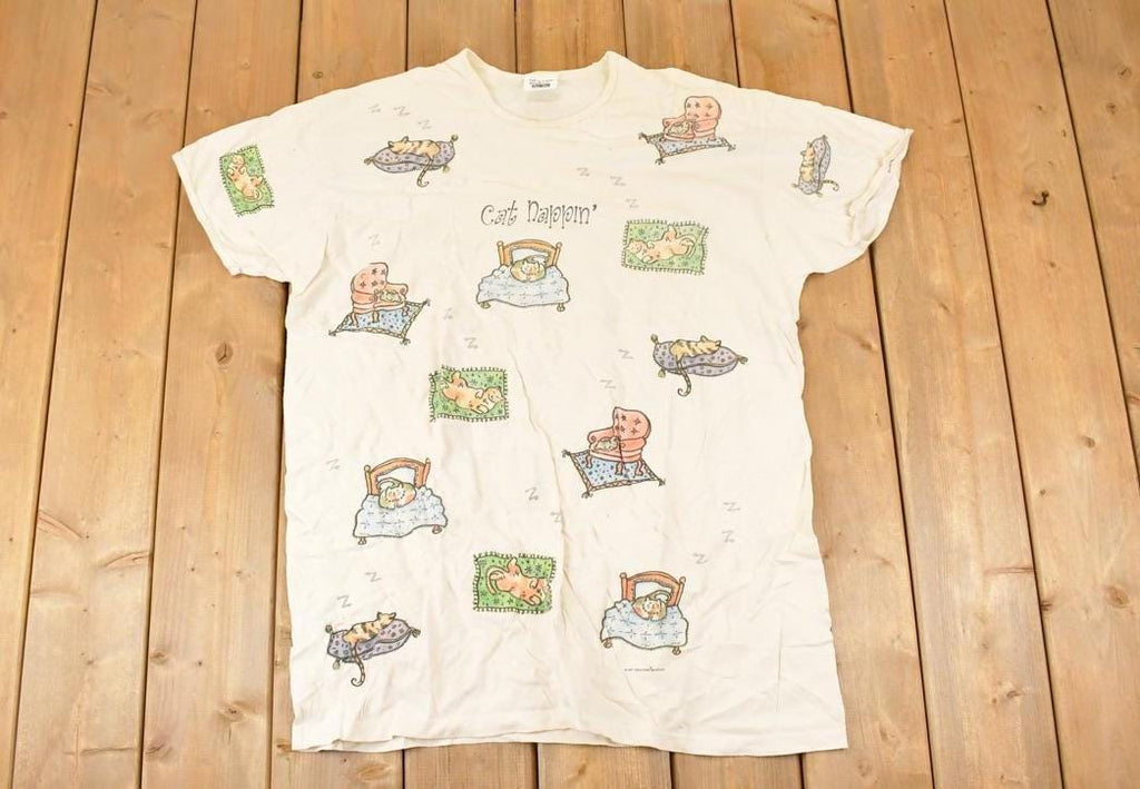 Vintage 1990s Cat Nappin AOP Sleeping Kitty Souvenir Sleepwear T-Shirt Women's XXL