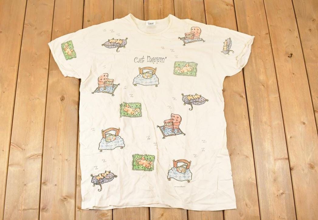 Vintage 1990s Cat Nappin AOP Sleeping Kitty Souvenir Sleepwear T-Shirt Women's XXL