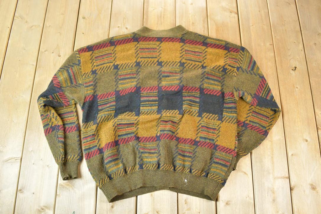 Vintage 1970s Serge Saint Yves Knit Cardigan Abstract Print Sweater Men's XL