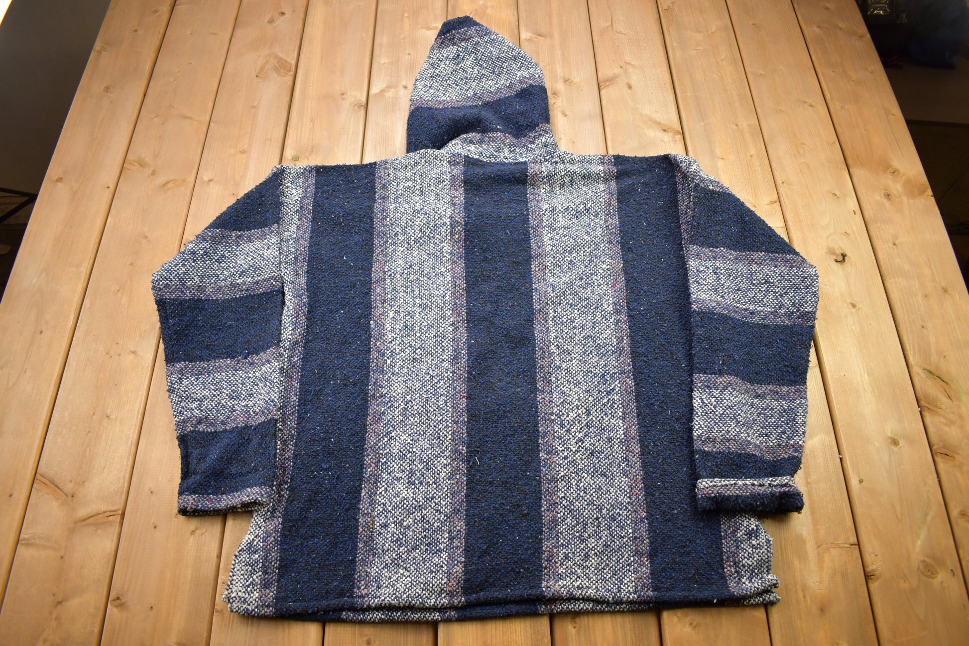 Vintage 1990s Baja Hooded Pullover Striped Knit Poncho Blanket Hoodie