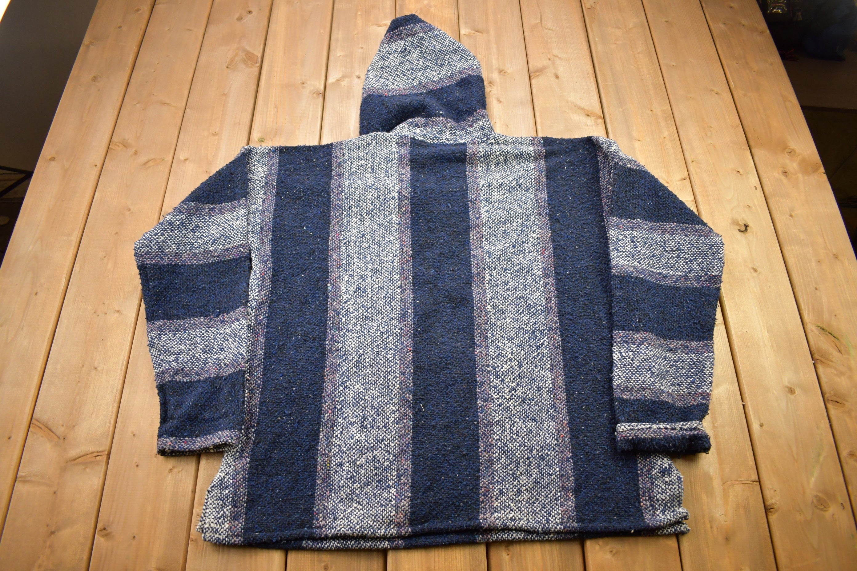 Vintage 1990s Baja Hooded Pullover Striped Knit Poncho Blanket Hoodie / 90s Hoodie / Vintage Sweater / Earth Rug / 90s Mexican Poncho