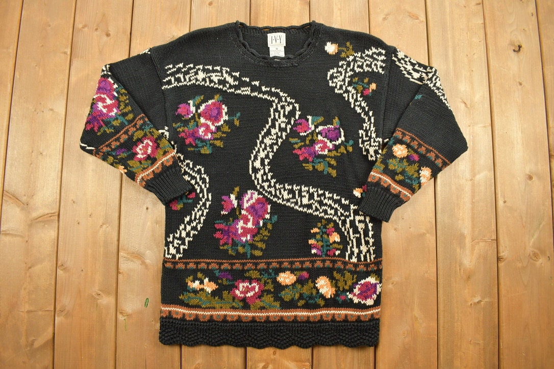 Vintage 1990s Abstract Floral Knit Crewneck Sweater