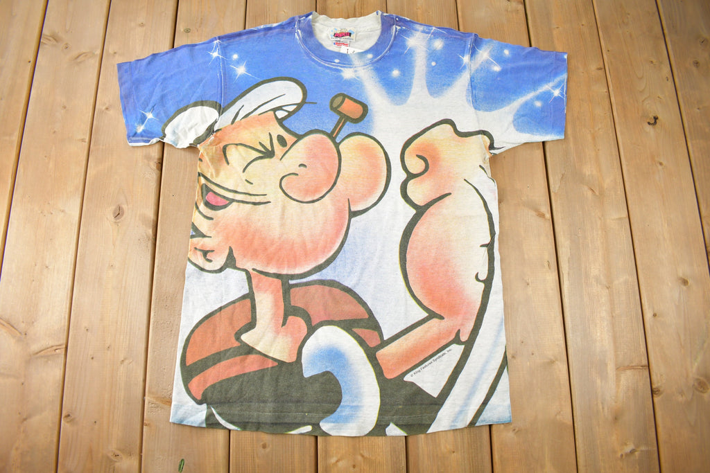 Vintage 1990s Popeye The Sailor All Over Print Single Stitch Graphic T Shirt Made In USA Spinach