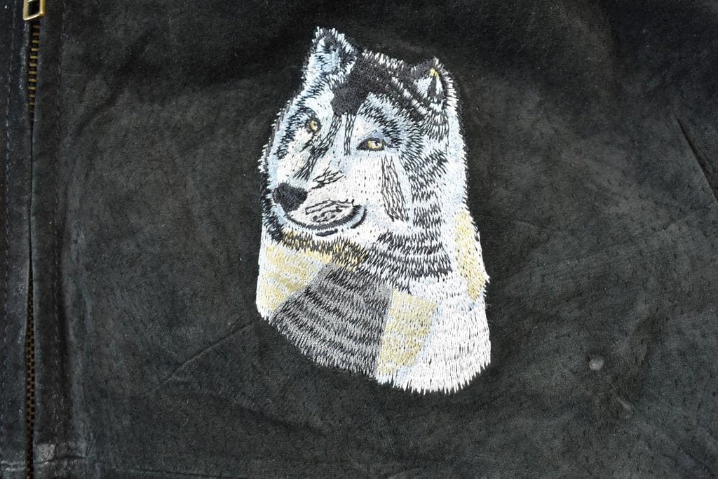 Vintage 1990s Wolf Themed Embroidered Suede Varsity Jacket