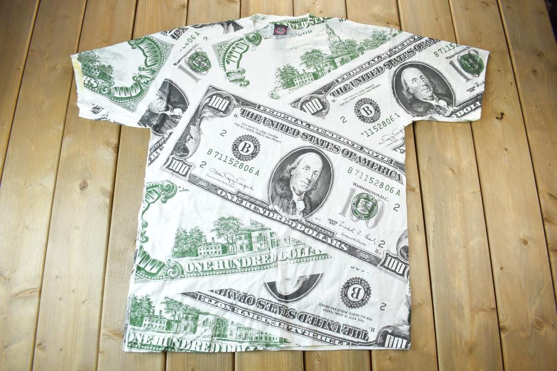 Vintage 1991 100 Dollar Bill All Over Print Graphic T Shirt