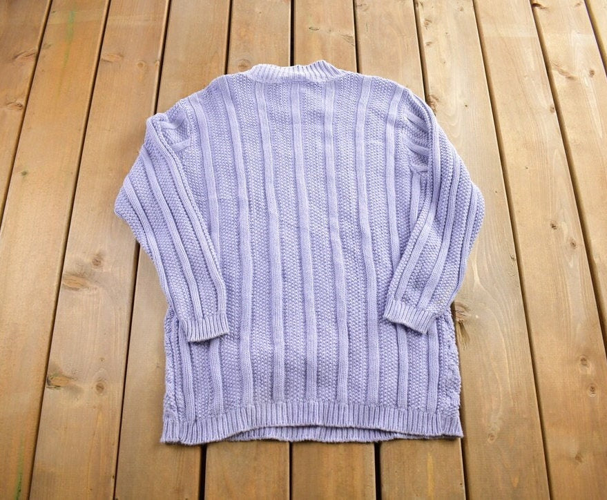 Vintage 1980s Cabin Creek 3D Purple Cable Knit Crewneck Sweater Size Womens L