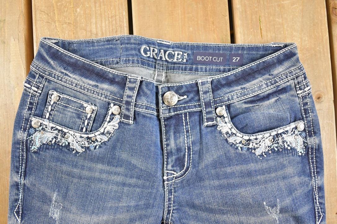 Vintage Deadstock Y2K Grace In LA Bedazzled Low Rise Jeans Women's Size 27 x 32