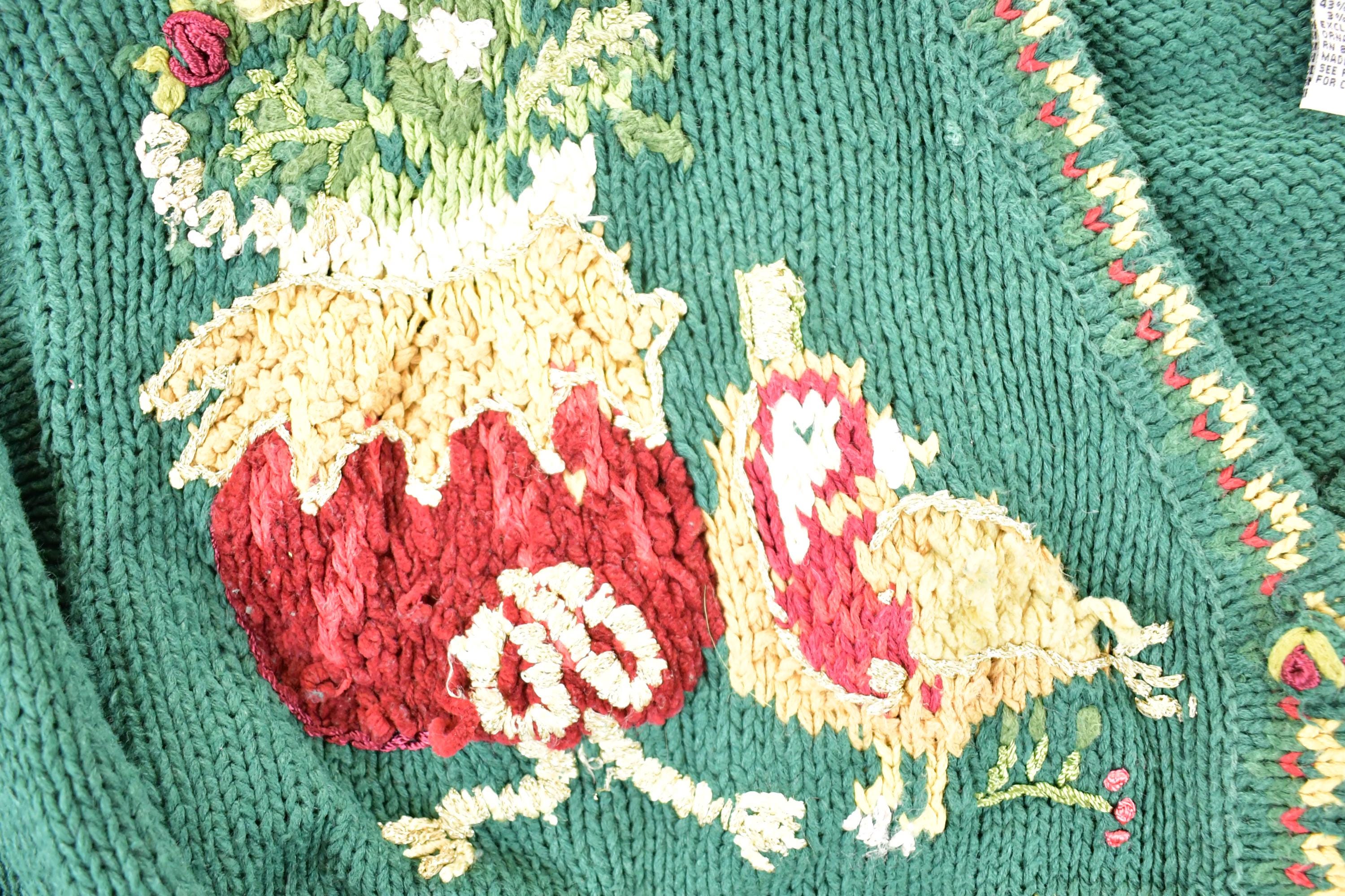 Vintage 1990s Tiara Petits AOP Abstract Holiday Chunky Knit Cardigan Sweater Mens L  Preppy Knit Cardigan