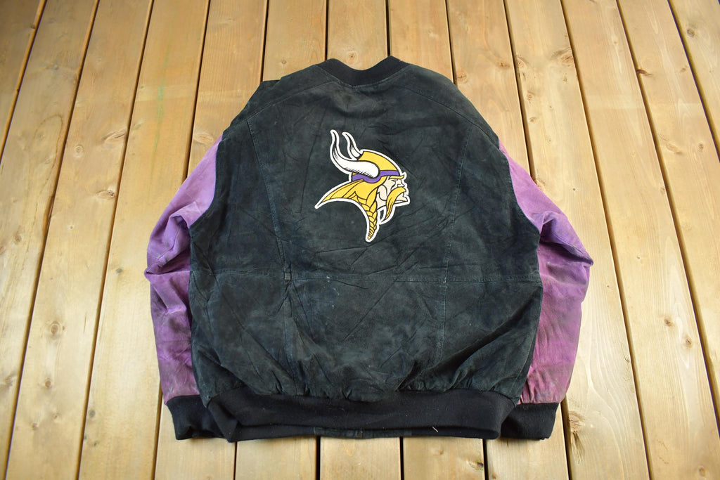 Vintage 1990's Minnesota Vikings Jeff Hamilton Suede Leather Letterman Jacket Mens Large